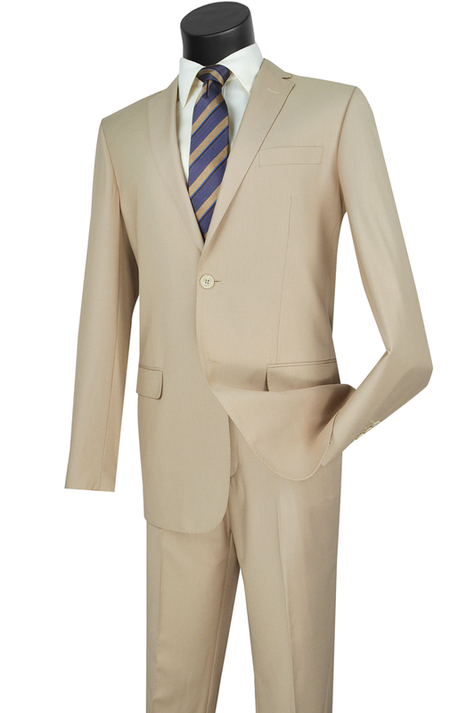 The Vinci Suits' Vinci Slim Fit 2 Piece 2 Button Suit in light beige, complemented by a white shirt and blue-striped tie, is elegantly showcased on a mannequin. Its wrinkle-resistant fabric guarantees a sharp appearance, enhancing the sleek slim fit.