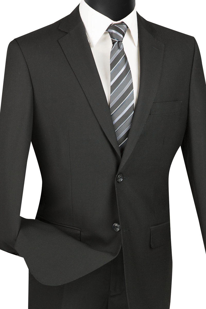 Displayed elegantly on a mannequin, the Vinci Suits Slim Fit 2 Piece 2 Button Suit (Black) SC900-12 includes a sleek black suit complemented by a crisp white shirt and a stylish striped tie.