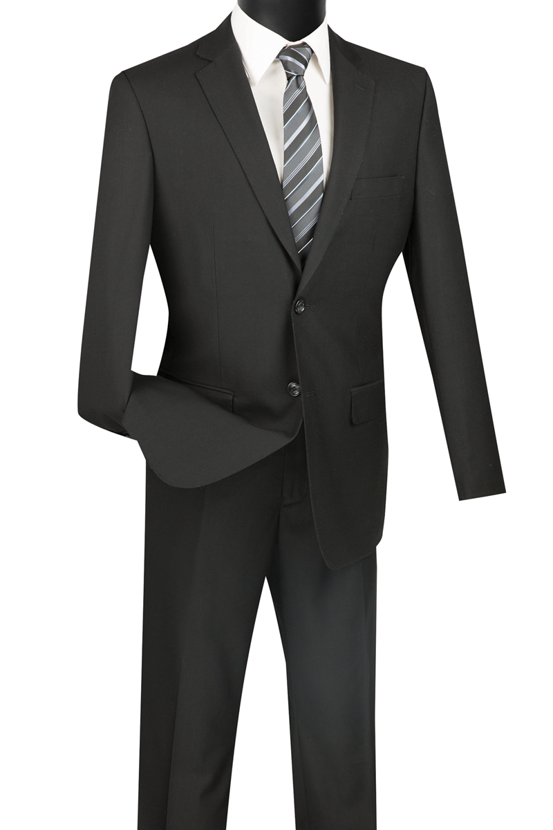 Displayed elegantly on a mannequin, the Vinci Suits Slim Fit 2 Piece 2 Button Suit (Black) SC900-12 includes a sleek black suit complemented by a crisp white shirt and a stylish striped tie.