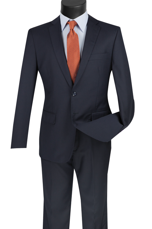 The Vinci Slim Fit 2 Piece 2 Button Suit in navy, from Vinci Suits, is stylishly showcased on a mannequin with a light blue shirt and an orange tie.