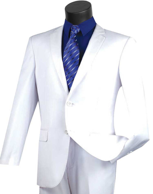 A mannequin dressed in a Vinci Slim Fit 2 Piece 2 Button Suit (White) SC900-12 by Vinci Suits, paired with a blue shirt and a blue striped tie.