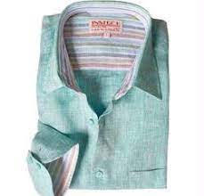 The Inserch Premium Linen Yarn-Dye Solid Long Sleeve Shirt in Seafoam showcases contrast trimming and has a multicolored striped inner collar and cuffs.