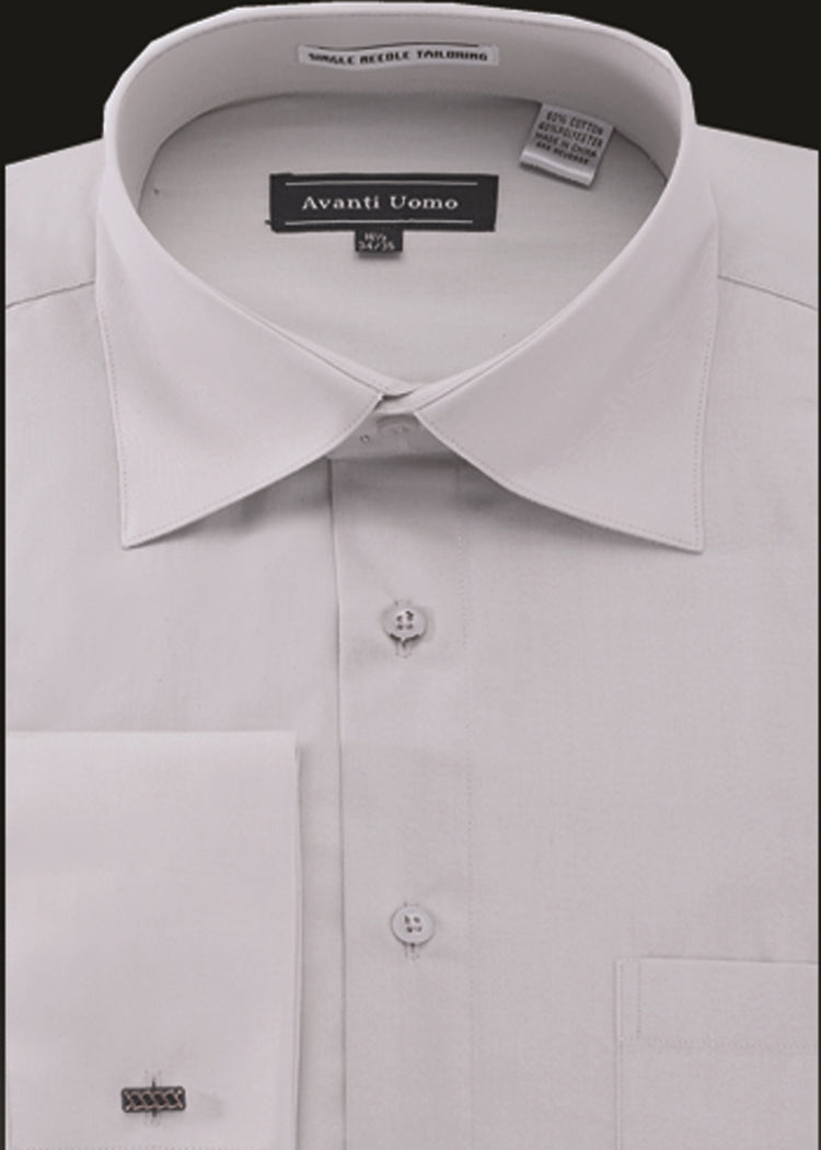 Avanti Uomo French Cuff Dress Shirt DN32M in Silver Gray, featuring a structured collar and neatly folded presentation. Tags are visible inside the collar, along with a left chest pocket and a cufflink on the left sleeve.