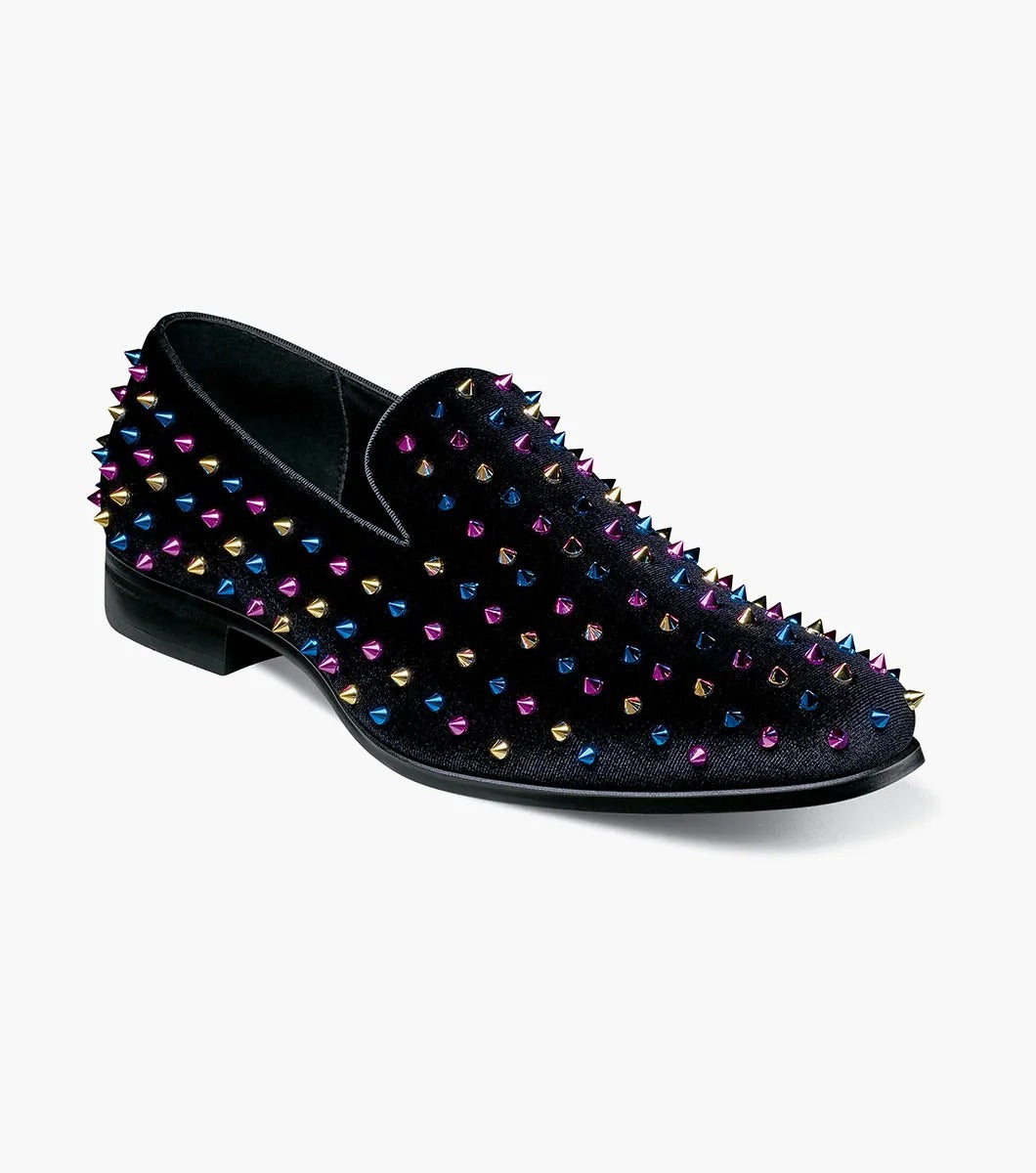 Discover the bold design of the Stacy Adams SPIRE Spiked Slip On in Black/Blue (25532-966). This shoe from STACY ADAMS features vibrant multicolored spikes, a comfortable memory foam insole, and a durable textile upper, seamlessly blending style with practicality.