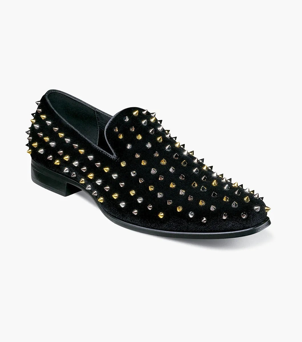 A Stacy Adams SPIRE spiked slip-on loafer in black leather, adorned with silver metal studs.