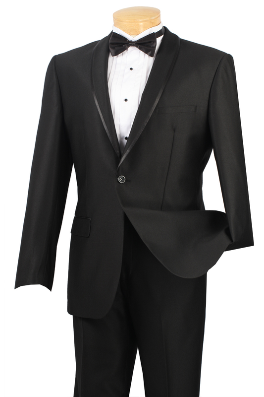 The Vinci Slim Fit 2 Piece Tuxedo Shawl Lapel (Black) SSH-1 from Vinci Suits is a stylish black tuxedo designed with a slim fit, featuring a single button closure, satin shawl lapel, and wrinkle-resistant finish. It includes a crisp white shirt and black bow tie, all elegantly showcased on a wooden mannequin.