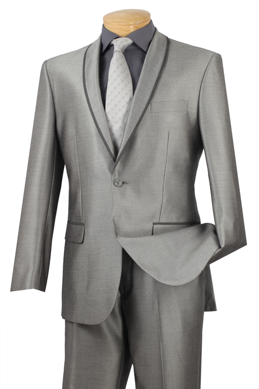 On display is the Vinci Suits' Vinci Slim Fit 2 Piece Tuxedo Shawl Lapel (Gray) SSH-1, featuring a sleek gray tuxedo with a single button and matching trousers, complemented by a light gray tie and dark gray shirt.