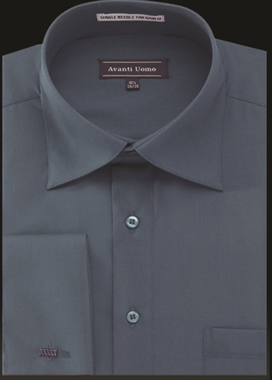 Steel blue dress shirt with a folded collar and button-up front. The label reads "Avanti Uomo French Cuff Dress Shirt DN32M.