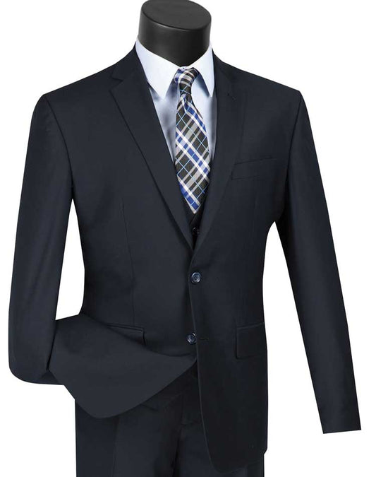 A mannequin elegantly showcases the Vinci Slim Fit 3 Piece 2 Button Suit (Navy) SV2900, featuring a dark blue jacket from Vinci Suits, paired with a white shirt and a plaid tie.