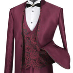 Vinci Slim Fit 3 Piece Banded Collar Shiny Sharkskin Suit (Burgundy) SV2HT-2