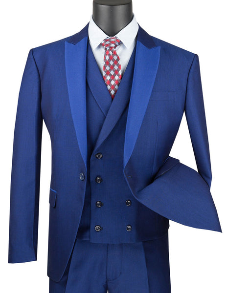 Vinci Slim Fit 3 Piece Suit 1 Button with Double Breasted Vest (Blue