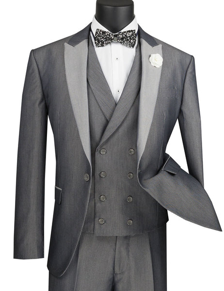 Vinci Slim Fit 3 Piece Suit 1 Button with Double Breasted Vest (Silver)  SV2R-6