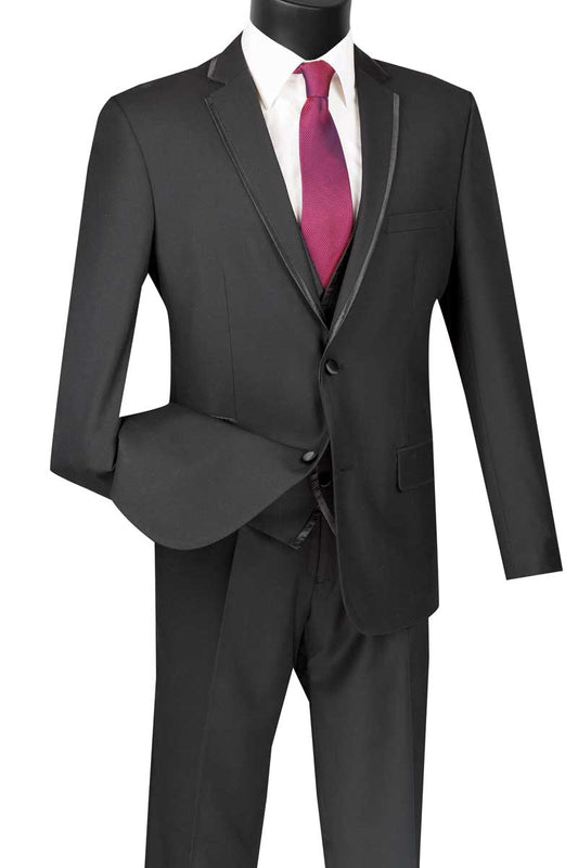 A mannequin expertly showcases the Vinci Slim Fit 2 Button 3 Piece Suit (Black) SV2T-8 by Vinci Suits, paired with a crisp white shirt and a striking red tie.