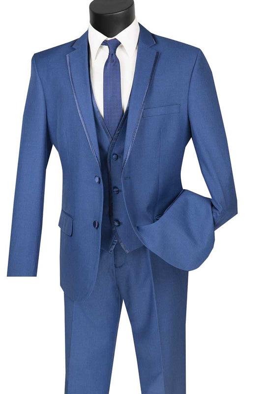 The Vinci Suits slim fit two-button three-piece suit in blue (SV2T-8) features a notch lapel, perfectly complemented by a wrinkle-resistant white dress shirt and a matching blue tie.