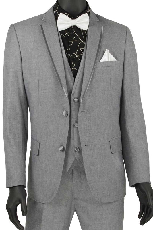 The Vinci Slim Fit 2 Button 3 Piece Suit in light gray, crafted by Vinci Suits, is elegantly showcased on a mannequin, styled with a black patterned shirt, white bow tie, and pocket square.