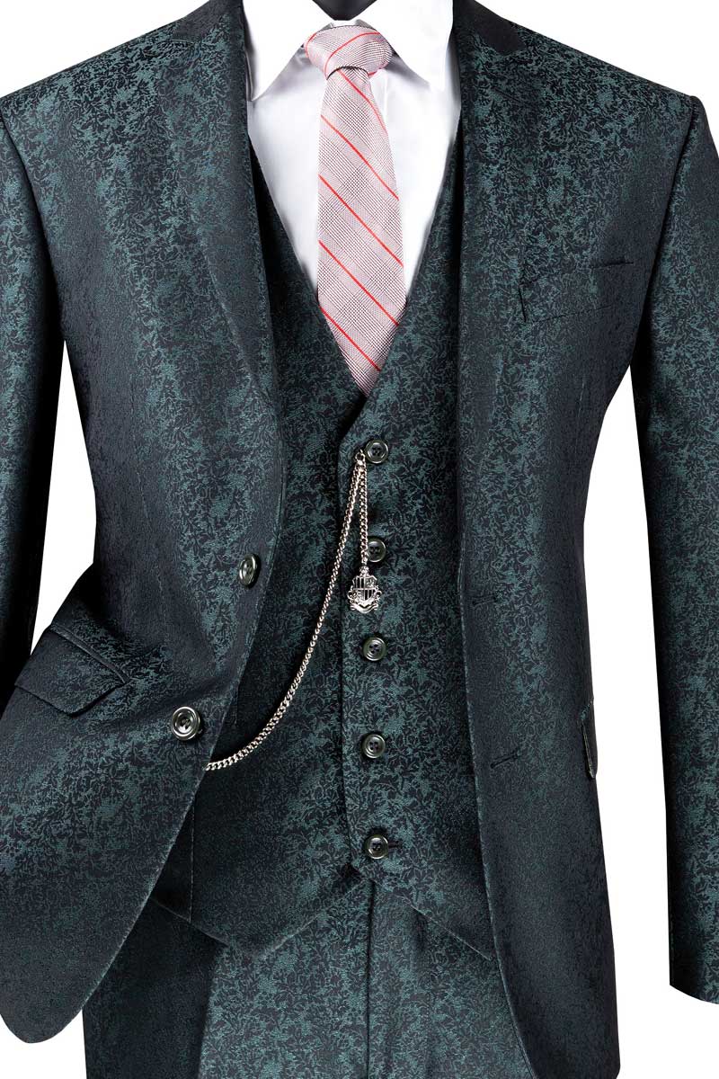 Vinci Slim Fit 3 Piece Suit Floral Pattern Matching Vest and Pants (Pine Green) SVFF-3