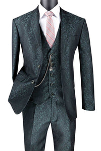 Vinci Slim Fit 3 Piece Suit Floral Pattern Matching Vest and Pants (Pine Green) SVFF-3