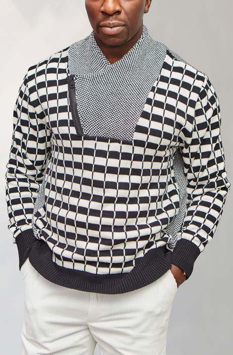 Inserch Cotton Blend Intarsia Shawl Collar Sweater with Zip Detail SW001-41 Black/White