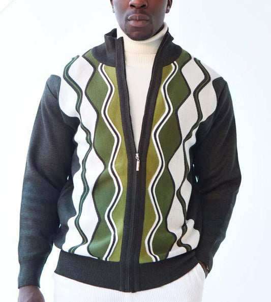 A person wearing an Inserch Ripple Panel Instarsia Full Zip Sweater SW605-63 in green over a turtleneck.