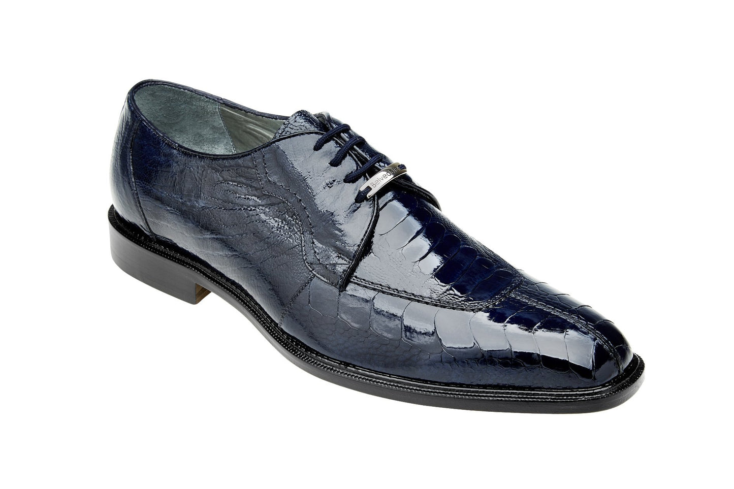 Side view of the Belvedere - Siena genuine ostrich leg dress shoe in navy, featuring laces and a cushion insole for added comfort, on a white background.