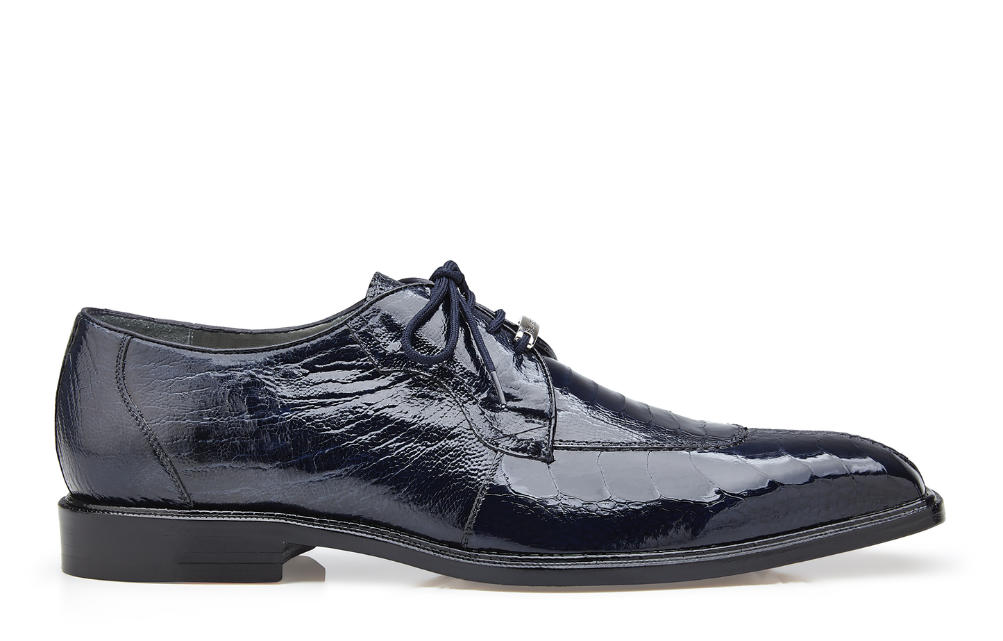 Side view of the Belvedere - Siena genuine ostrich leg dress shoe in navy, featuring laces and a cushion insole for added comfort, on a white background.