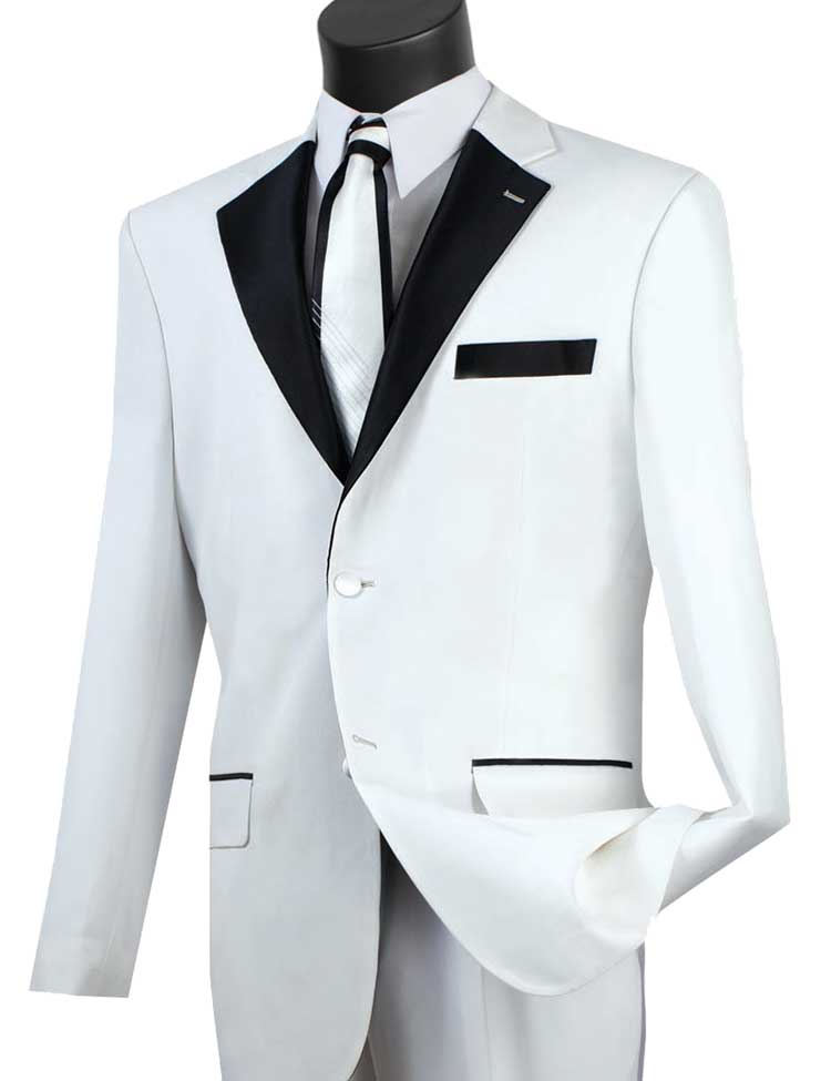 The Vinci Suits 2 Piece Fancy Lapel 2 Button Design Tuxedo (White) T-2FF showcases a sophisticated style with its striking white design complemented by black lapels and trim. Elegantly paired with a crisp white shirt and striped tie, it is displayed on a mannequin to highlight its wrinkle-resistant charm.