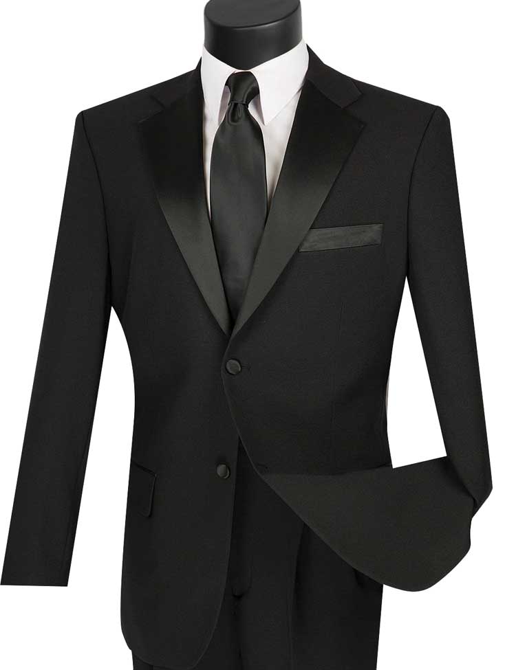 The Vinci Regular Fit 2 Piece Tuxedo (Black) T-2PP from Vinci Suits, featuring satin lapels and accompanied by a sleek black tie and a crisp white dress shirt, is elegantly displayed on a mannequin. This ensemble is perfect for any formal occasion.