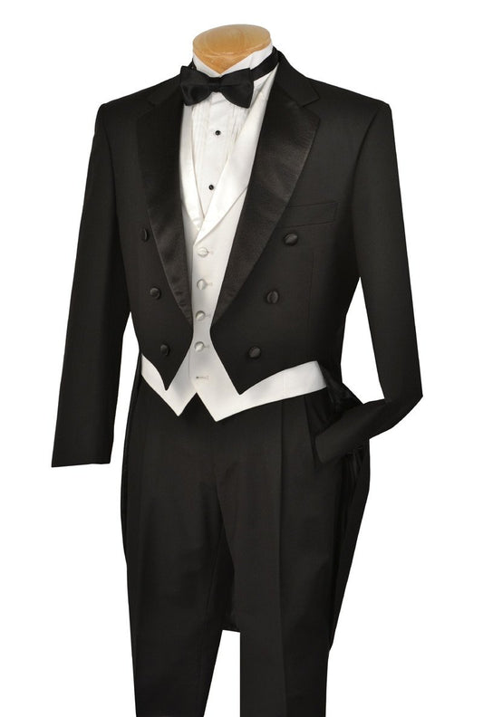 The Vinci Suits black tuxedo, with a satin shawl lapel, comes paired with a white dress shirt and waistcoat featuring black buttons, completed by a classic black bow tie.