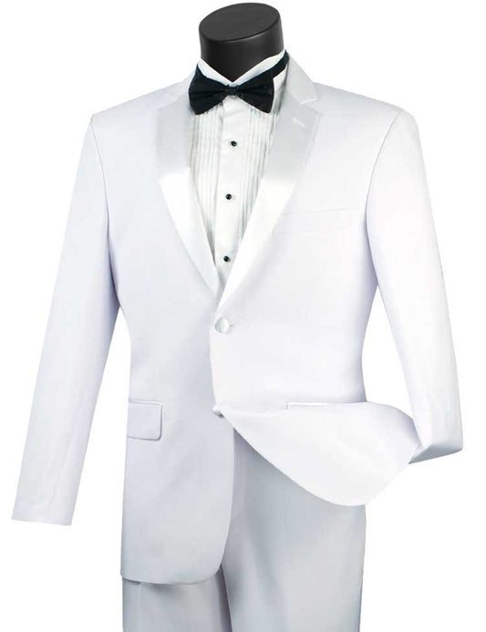 Introducing the Vinci Slim Fit 2 Piece Tuxedo in white, designed by Vinci Suits. This tuxedo features a sleek two-button style and satin lapels, perfectly complemented by a black bow tie. It is paired with a wrinkle-resistant white dress shirt featuring black buttons. The ensemble is displayed on a mannequin complete with coordinating blazer and pants, offering an effortlessly polished look.