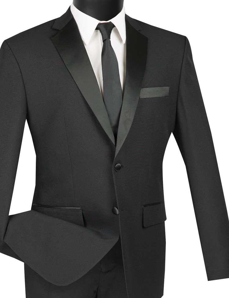 The mannequin elegantly showcases the Vinci Slim Fit 2 Piece 2 Button Design Single Breasted Tuxedo in black by Vinci Suits, paired with matching trousers, a crisp white shirt, and a sleek black tie.