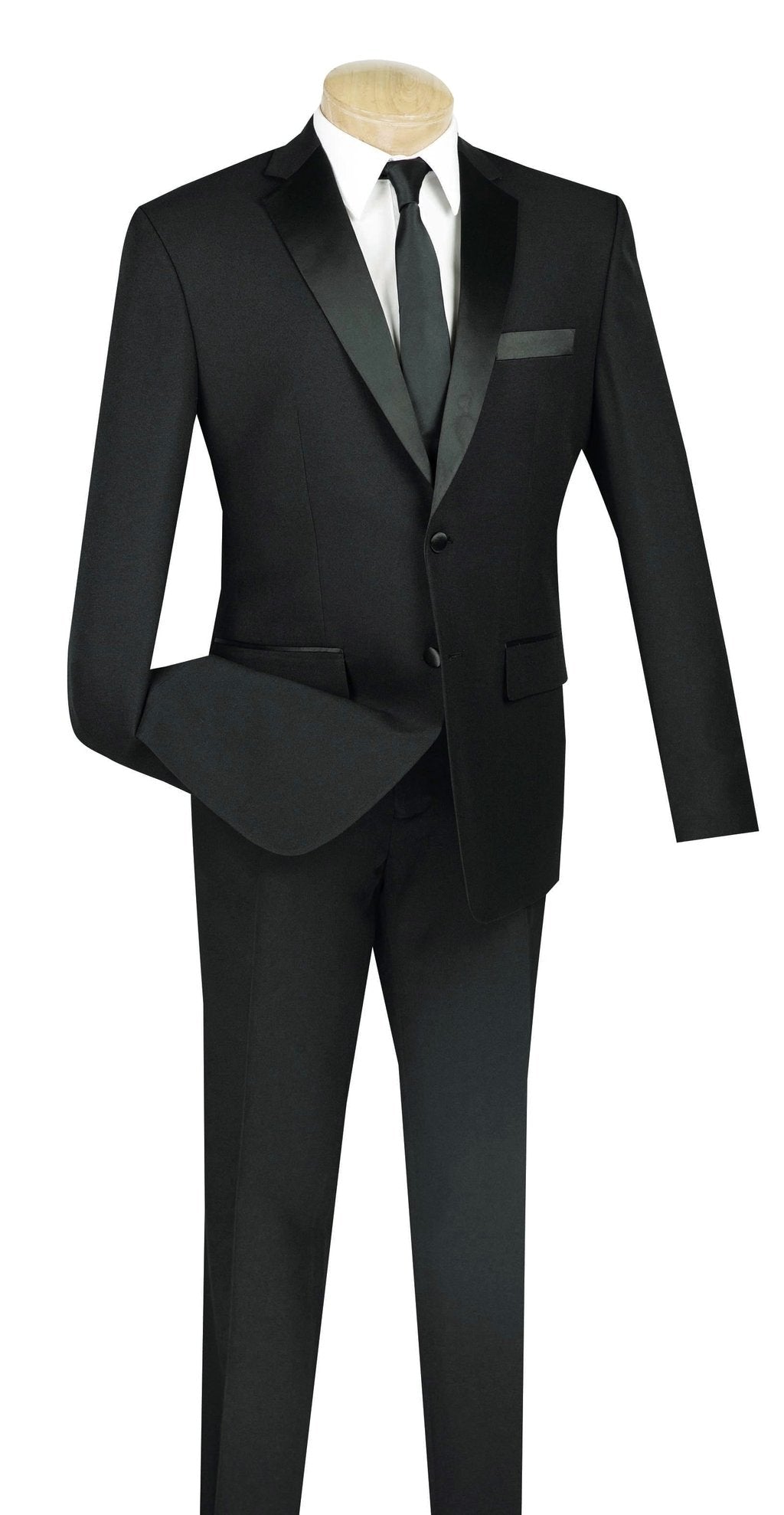 The mannequin elegantly showcases the Vinci Slim Fit 2 Piece 2 Button Design Single Breasted Tuxedo in black by Vinci Suits, paired with matching trousers, a crisp white shirt, and a sleek black tie.