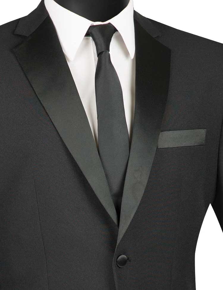 The mannequin elegantly showcases the Vinci Slim Fit 2 Piece 2 Button Design Single Breasted Tuxedo in black by Vinci Suits, paired with matching trousers, a crisp white shirt, and a sleek black tie.