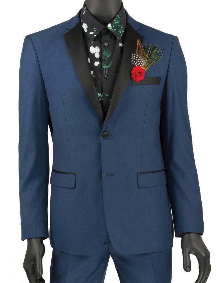 Mannequin dressed in a Vinci Suits Ultra Slim Fit 2 Button 2 Piece Tuxedo in blue, featuring a black floral shirt, adorned with a red rose and feather boutonniere.