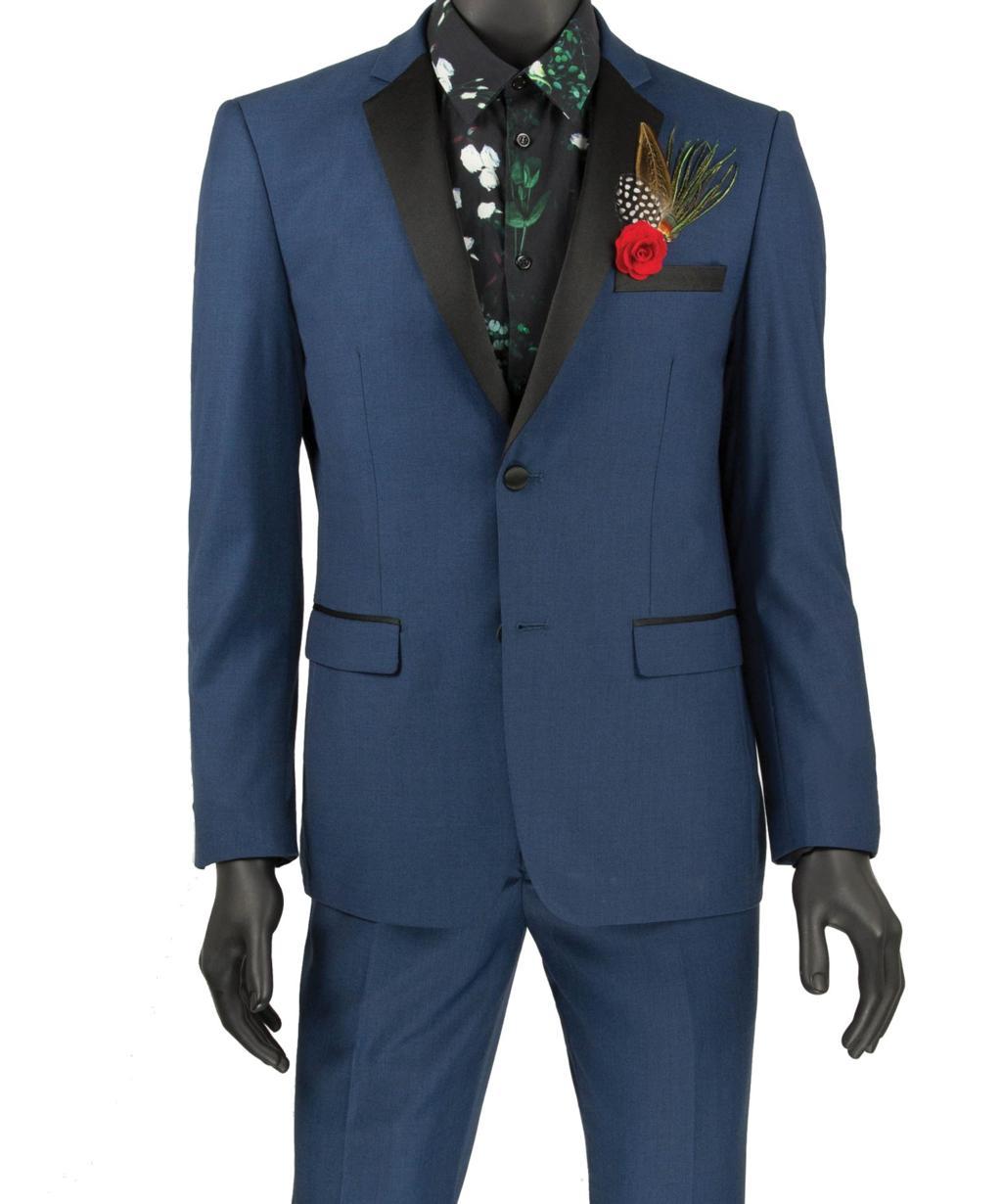 Mannequin dressed in a Vinci Suits Ultra Slim Fit 2 Button 2 Piece Tuxedo in blue, featuring a black floral shirt, adorned with a red rose and feather boutonniere.