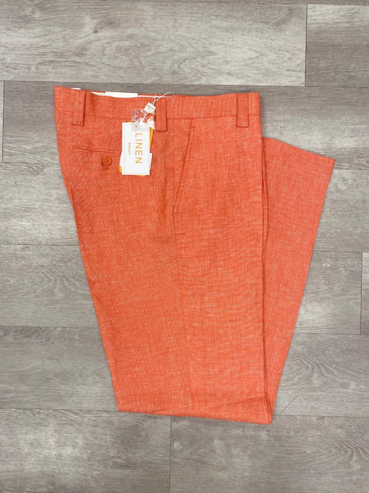 The Inserch Premium Linen Flat Front Pants P3116 in Tangy Orange, featuring a classic silhouette with a single button and tag attached, are laid flat on a wooden floor.