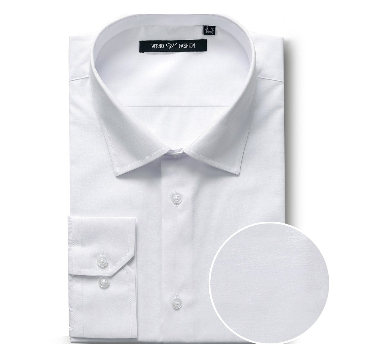 Folded dress shirt in white showcasing a regular classic fit complemented by long sleeves and a refined spread collar. A circular inset fabric detail enhances its elegance. The label states "Renoir.