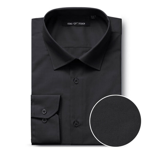 The Renoir VERNO Black Classic/Regular Fit Long Sleeve Spread Collar Dress Shirt TC22 is neatly folded, showcasing its classic fit and spread collar, with a close-up circle highlighting the fabric texture.