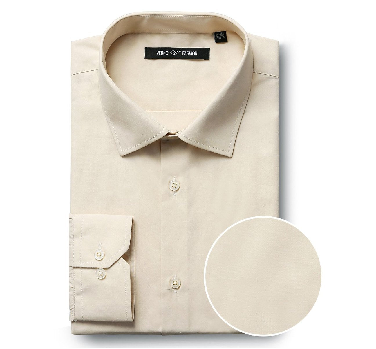 The Renoir VERNO Taupe Classic/Regular Fit Long Sleeve Dress Shirt TC23 features a spread collar and buttoned cuffs, with a close-up circle showcasing the fabric texture.