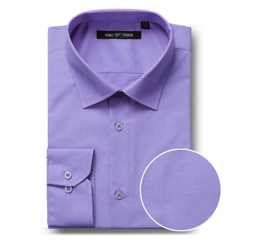 The Renoir VERNO Lavender Dress Shirt, model TC624, offers a Classic/Regular Fit and features long sleeves with a spread collar and button cuffs. A detailed close-up accentuates the fabric texture, making it perfect for formal attire.