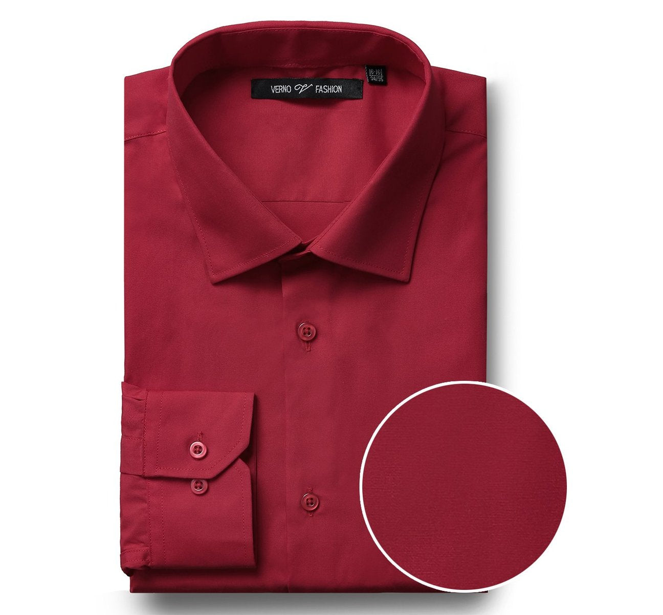 The Renoir VERNO Brick Red Classic/Regular Fit Long Sleeve Spread Collar Dress Shirt TC626 showcases a spread collar and long sleeves, with a close-up view emphasizing its classic fit and detailed fabric texture.