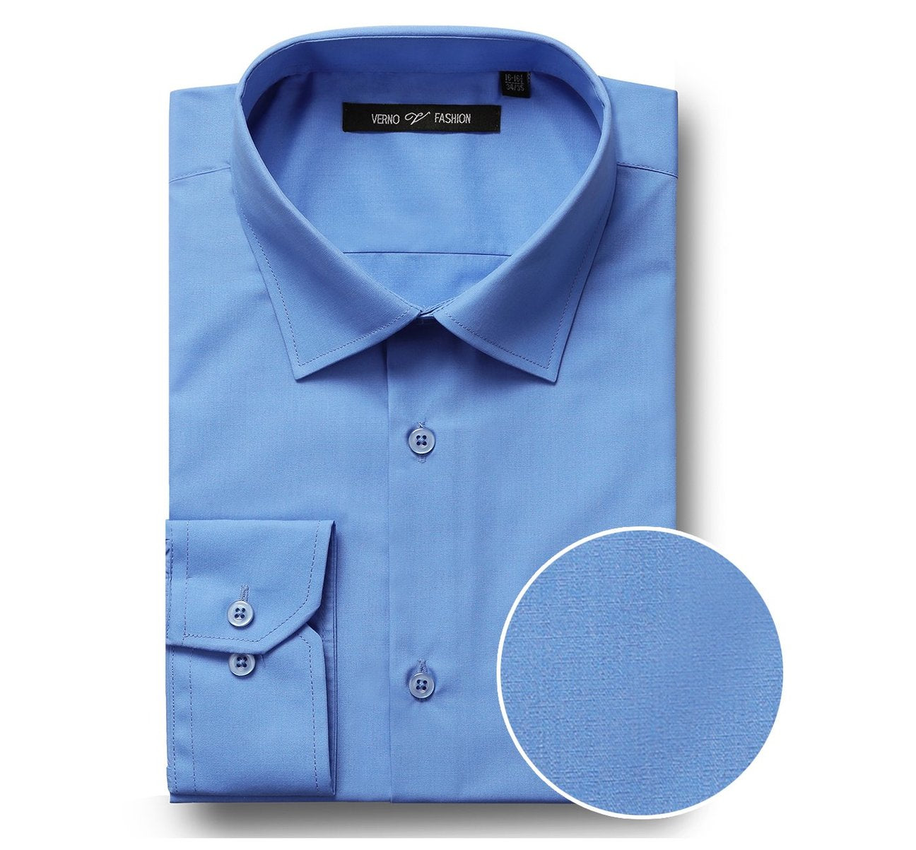 The Renoir VERNO Light Blue Classic/Regular Fit Long Sleeve Spread Collar Dress Shirt TC627 is elegantly displayed, showcasing a close-up inset of its fabric texture.