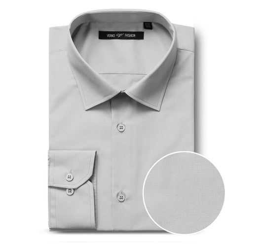 A neatly folded light gray men's dress shirt from Renoir, featuring a close-up of the fabric texture and highlighting its classic fit and refined spread collar. This is the VERNO Grey Classic/Regular Fit Long Sleeve Spread Collar Dress Shirt TC629.