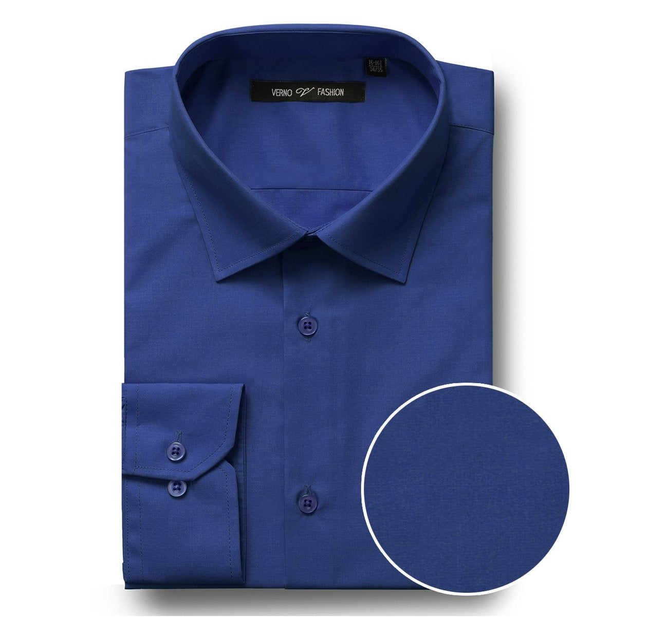 The VERNO Royal Blue Classic/Regular Fit Long Sleeve Spread Collar Dress Shirt TC635 by Renoir exudes timeless elegance with its folded design featuring a spread collar and single-button cuffs. A circular close-up captures the fabric texture, underscoring the craftsmanship of this formal clothing essential.