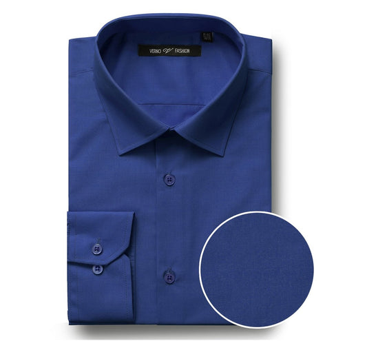 The VERNO Royal Blue Classic/Regular Fit Long Sleeve Spread Collar Dress Shirt TC635 by Renoir exudes timeless elegance with its folded design featuring a spread collar and single-button cuffs. A circular close-up captures the fabric texture, underscoring the craftsmanship of this formal clothing essential.