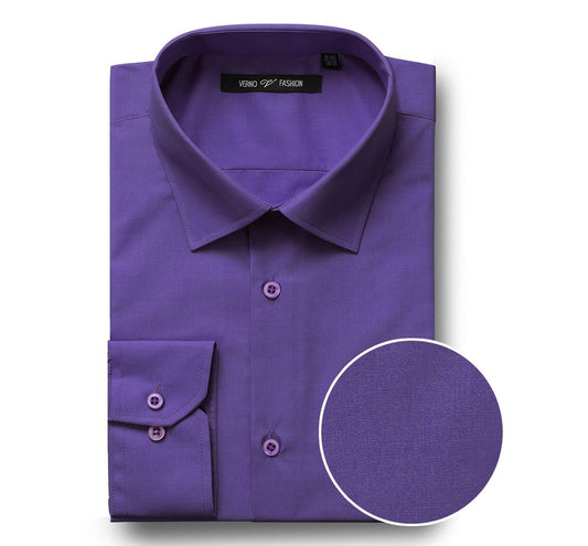 A folded lilac dress shirt in a classic/regular fit design, featuring long sleeves and a spread collar. A close-up reveals the texture of this formal garment, with the brand label displaying "Renoir.