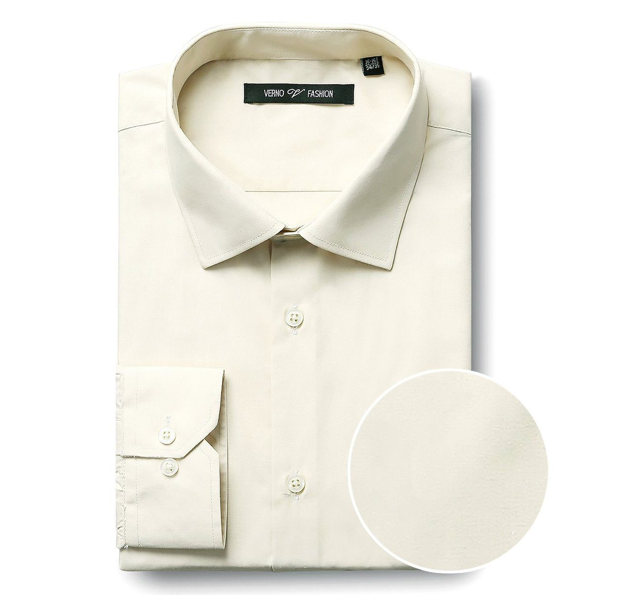 Renoir's VERNO Ivory Classic/Regular Fit Long Sleeve Spread Collar Dress Shirt (TC645) is neatly folded, highlighting the intricate fabric texture.