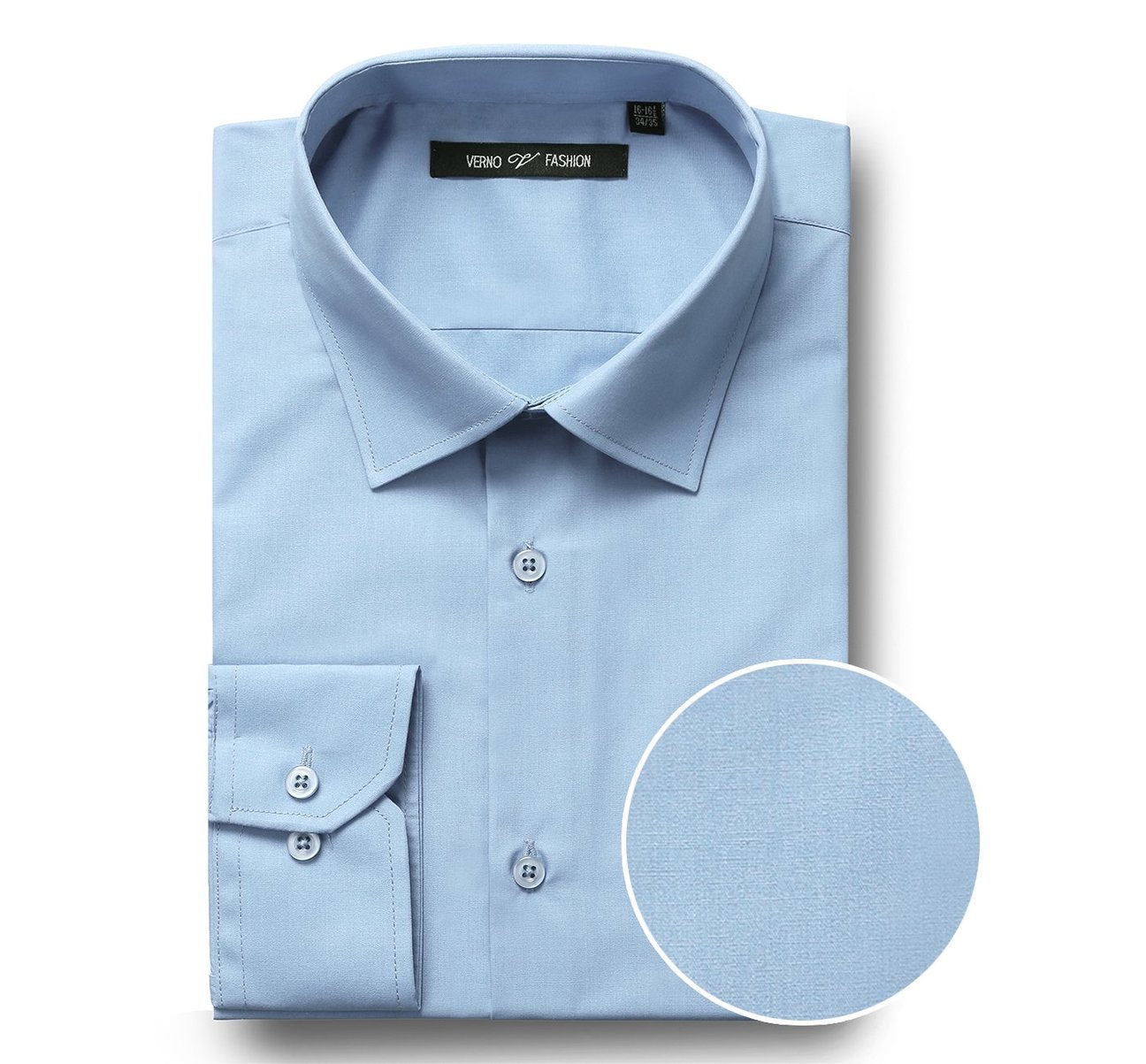 A folded Renoir VERNO Sky Blue dress shirt in Classic/Regular Fit, with a close-up inset showcasing the exquisite fabric texture, ideal for those who appreciate fine formal clothing.