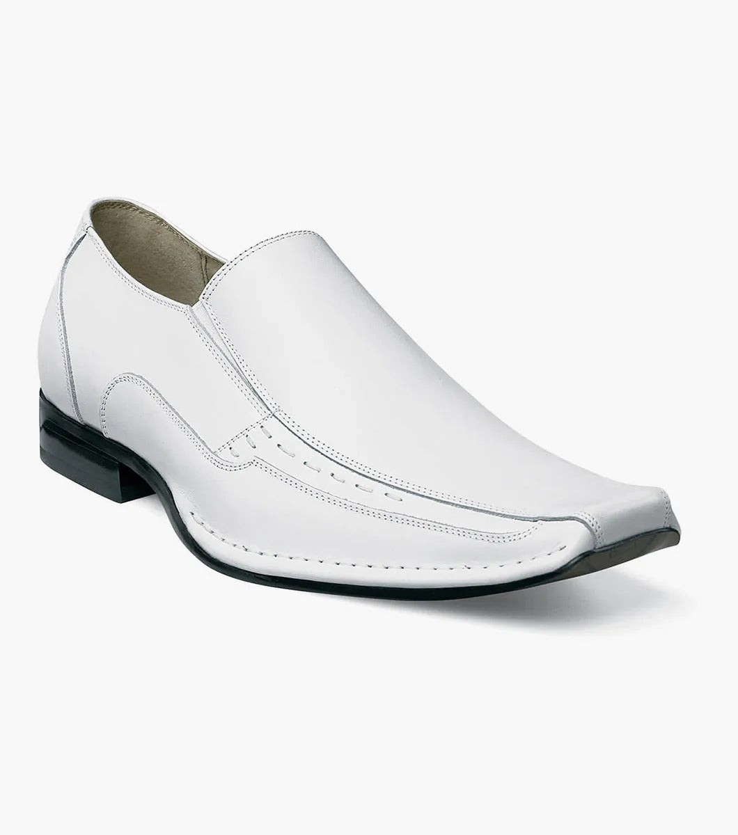 Stacy Adams presents the TEMPLIN Bike Toe Loafer, a white genuine leather slip-on dress shoe featuring a pointed toe, cushioned insole, and a sleek black sole. Model: 24507-100.