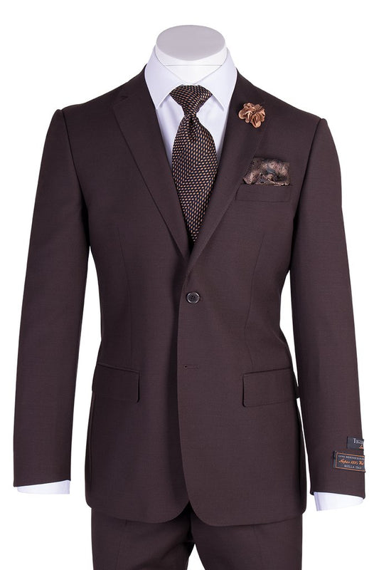 A mannequin displays the Tiglio Luxe Novello Modern Fit Brown TIG1003 suit from Unique Design Menswear, crafted from luxurious Italian wool in a modern European fit. The ensemble includes a white shirt, patterned tie, pocket square, and lapel flower pin for an elegant touch that epitomizes sophistication.