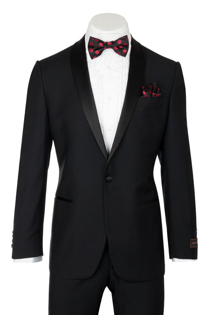 Introducing the Tiglio Luxe Beckham Black Tuxedo (Tig1001) by Tiglio. Expertly crafted from fine Italian wool, this tuxedo features a sophisticated satin lapel. Pair it with a crisp white shirt, a red and black polka dot bow tie, and a complementary pocket square for an ensemble that boasts a modern European fit with timeless elegance.